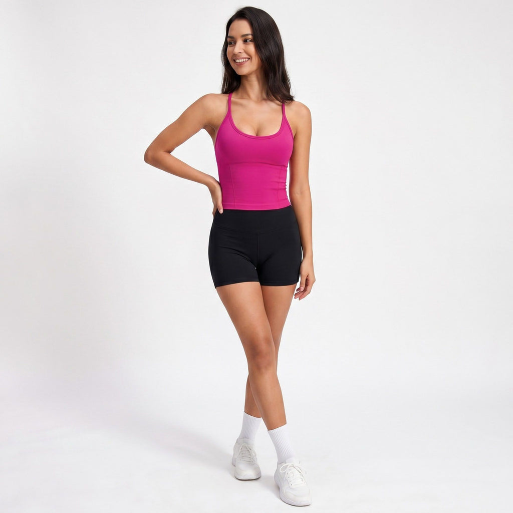 Padded Crisscross Back Longline Sports Bra Tank Top Scoop Neck Workout Yoga Crop Top