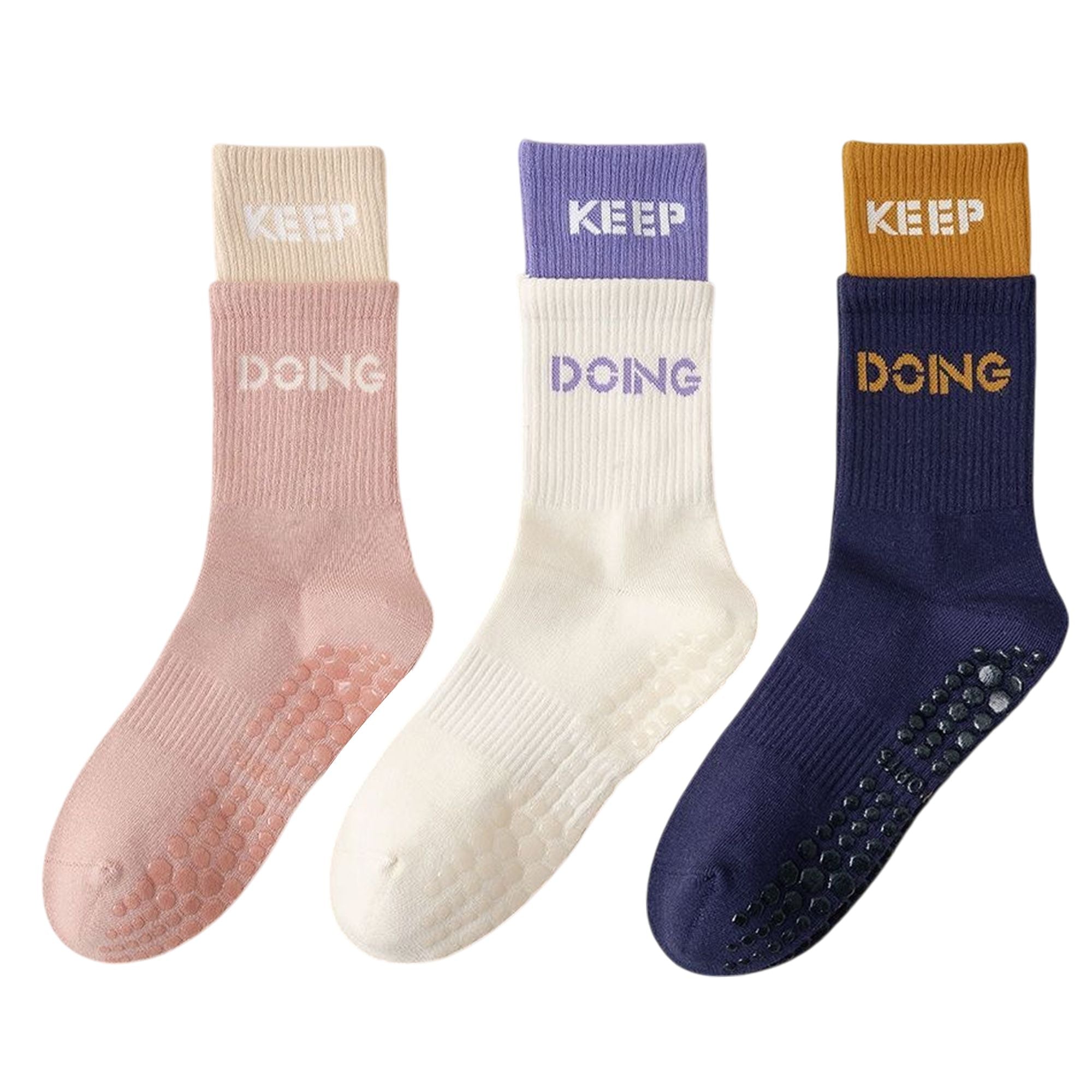 Anna-Kaci Women's 3-Pair Set Mid-Calf Grip Socks with Cushioned Soles and Motivational Text for Yoga Pilates Fitness