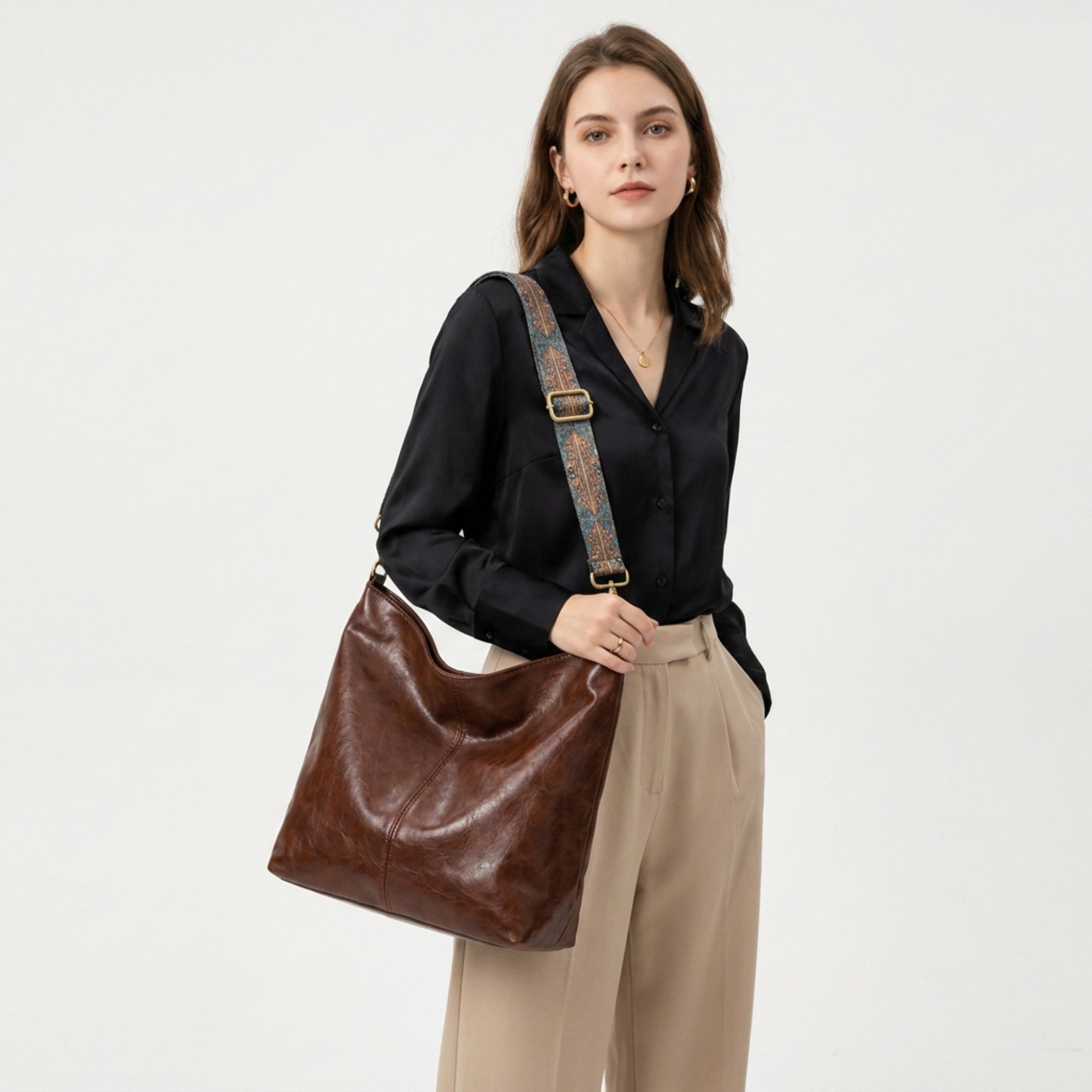 Faux Leather Hobo Shoulder Bag with Adjustable Wide Strap and Zipper Pockets
