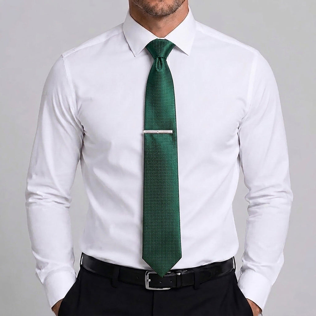 Men's Textured Solid Color Tie Gift Set with Matching Pocket Square Cufflinks and Silver Tie Clip