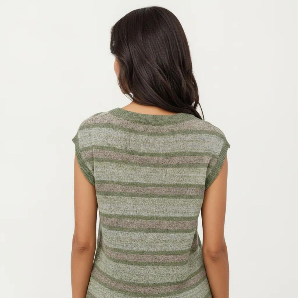 Anna-Kaci Women's Sleeveless Striped Knit Top with Shoulder Button Detail and Relaxed Fit