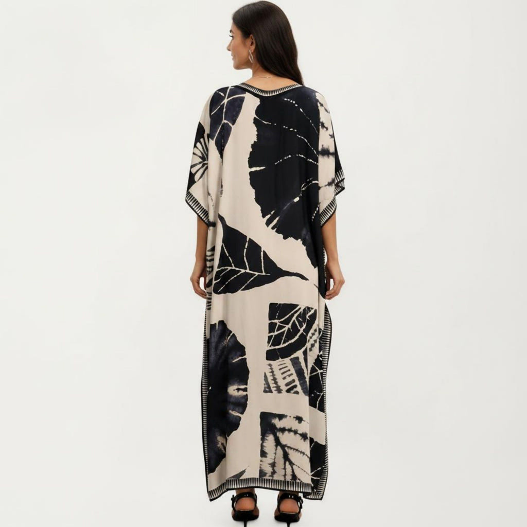 Anna-Kaci Women's Abstract Print Maxi Caftan Dress with V-Neckline Short Sleeves and Relaxed Draped Silhouette
