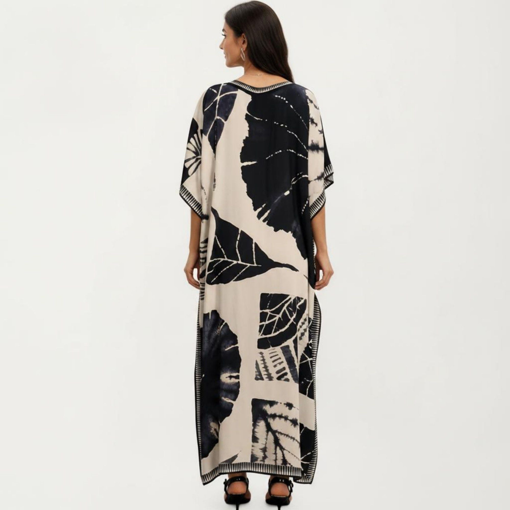 Anna-Kaci Women's Abstract Print Maxi Caftan Dress with V-Neckline Short Sleeves and Relaxed Draped Silhouette