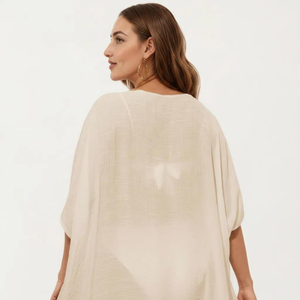 Anna-Kaci Women's Swim Cover Up Kaftan Dress with Crochet Cutout Trim Loose Short Sleeves Relaxed Midi Fit