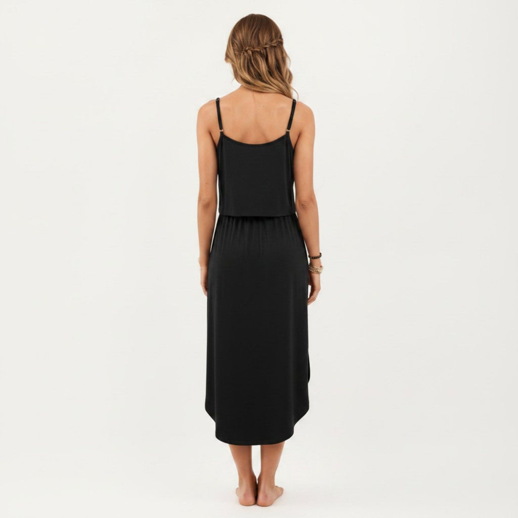 Anna-Kaci Women's Sleeveless Midi Dress with Spaghetti Straps and Adjustable Drawstring Waist Relaxed Fit Silhouette