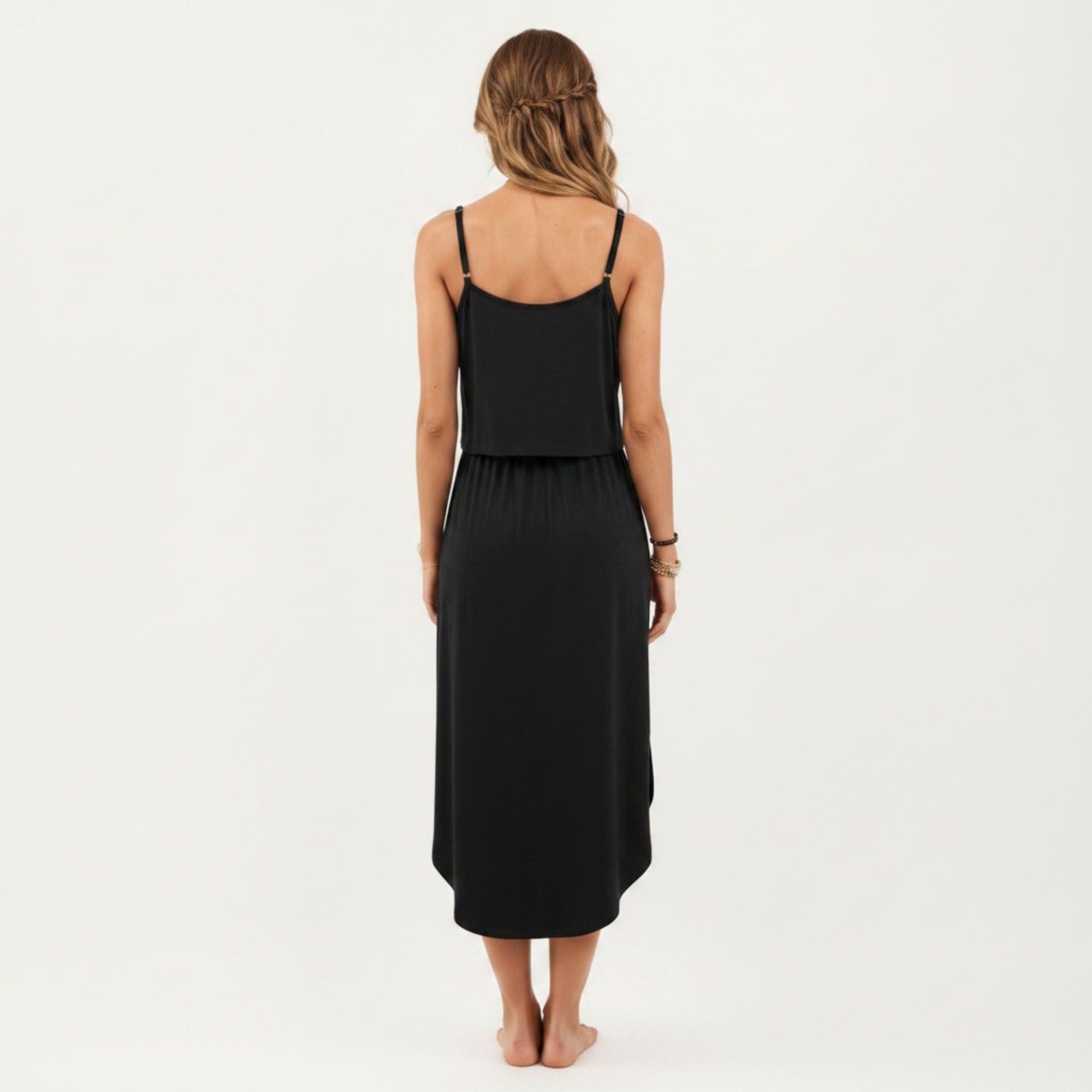 Anna-Kaci Women's Sleeveless Midi Dress with Spaghetti Straps and Adjustable Drawstring Waist Relaxed Fit Silhouette