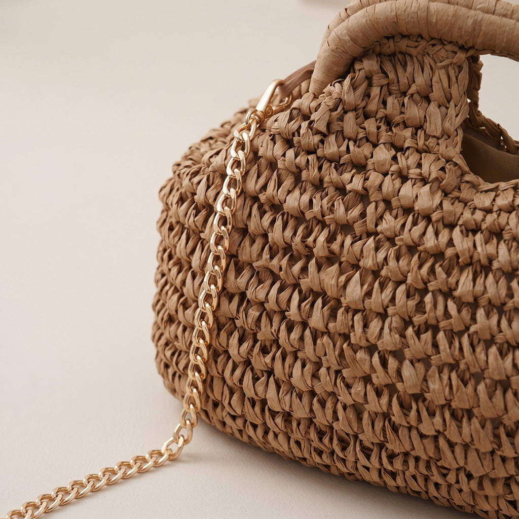 Small Woven Straw Handbag Chain Crossbody Bag with Top Handle and Flap Closure