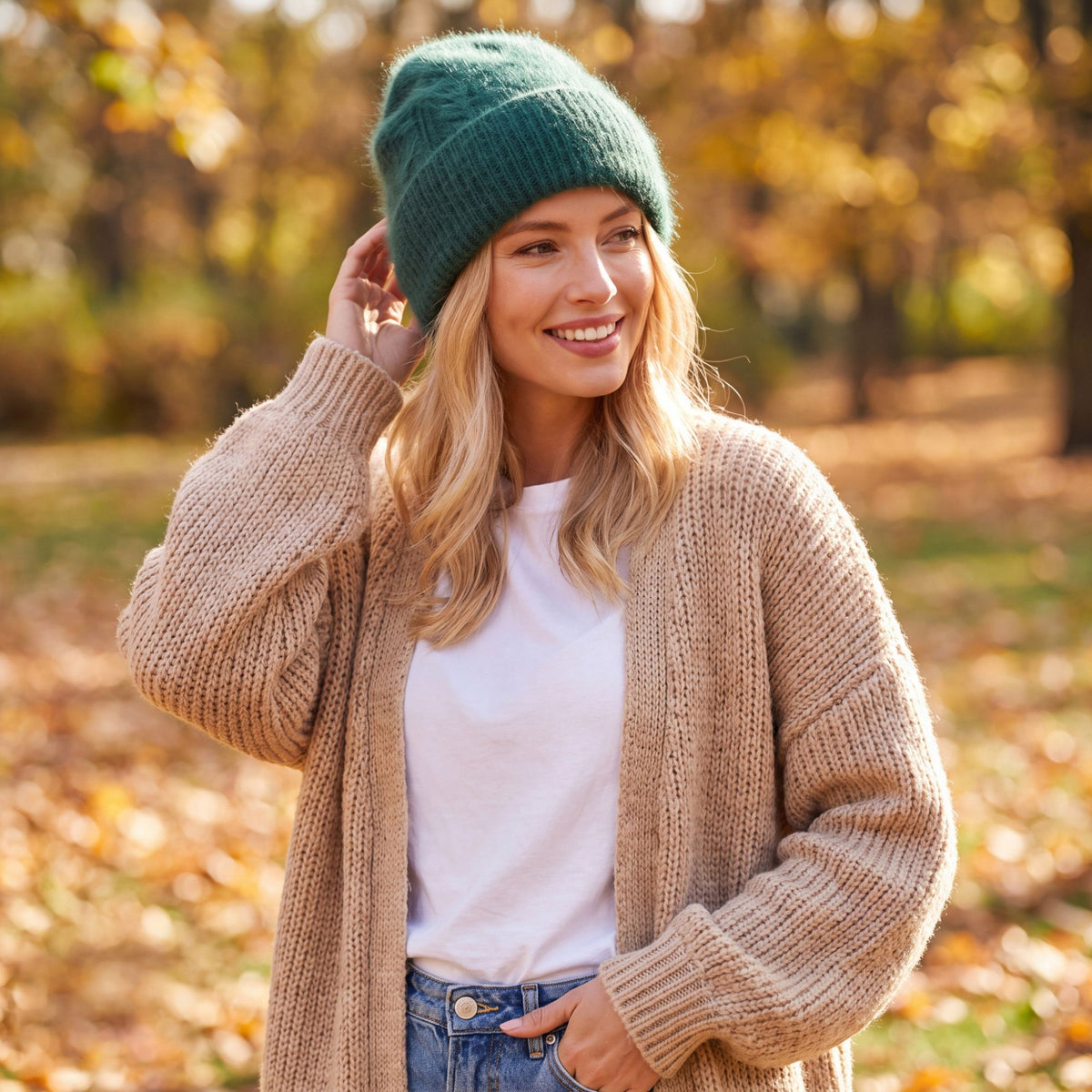 Fuzzy Knit Beanie Hat with Ribbed Cuff