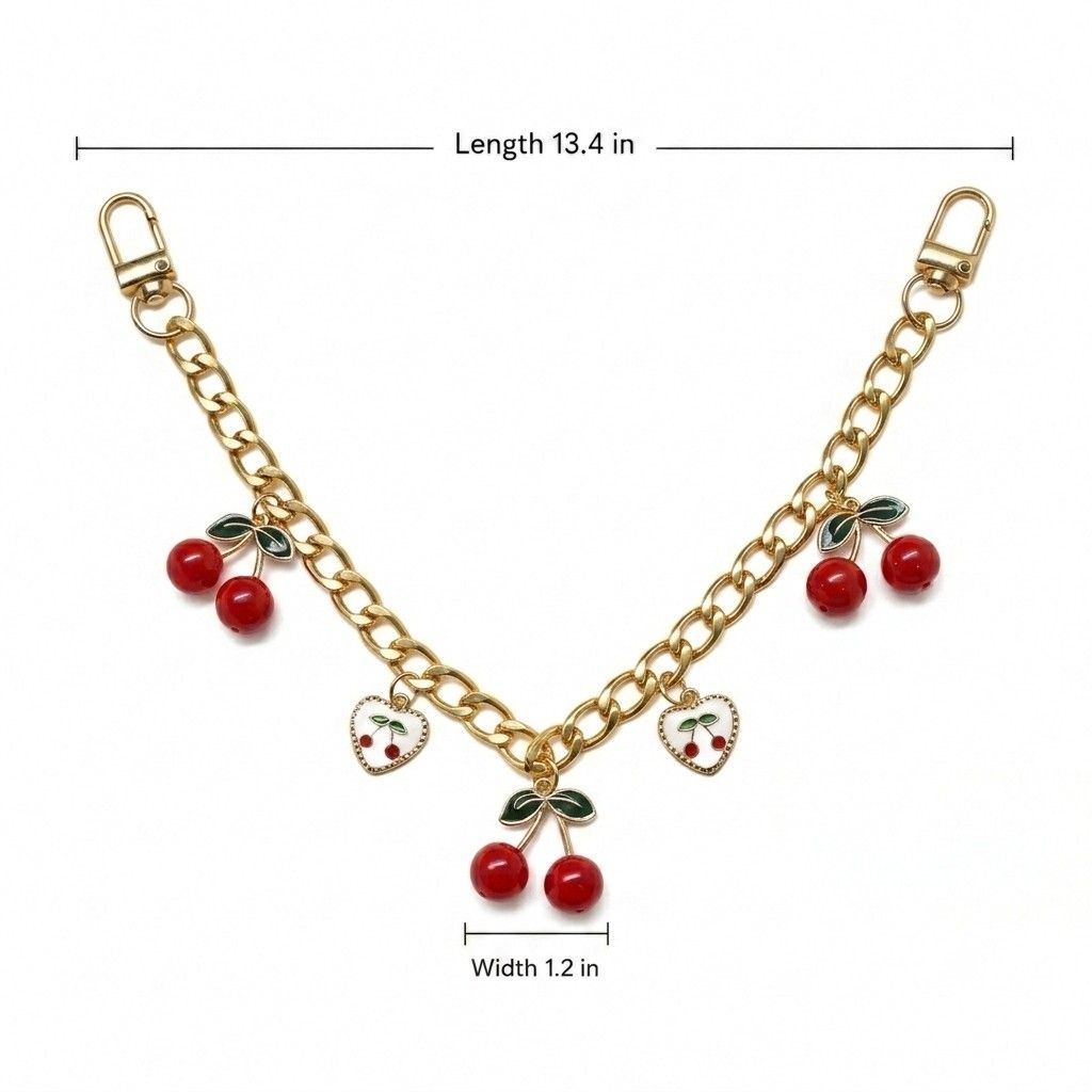 Cherry Charm Decorative Bag Chain with Double Clasps and Gold-Tone Hardware