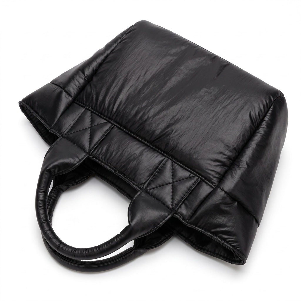 Padded Puffer Tote Bag with Rounded Top Handles and Exterior Front Pocket 13x6.5x4in