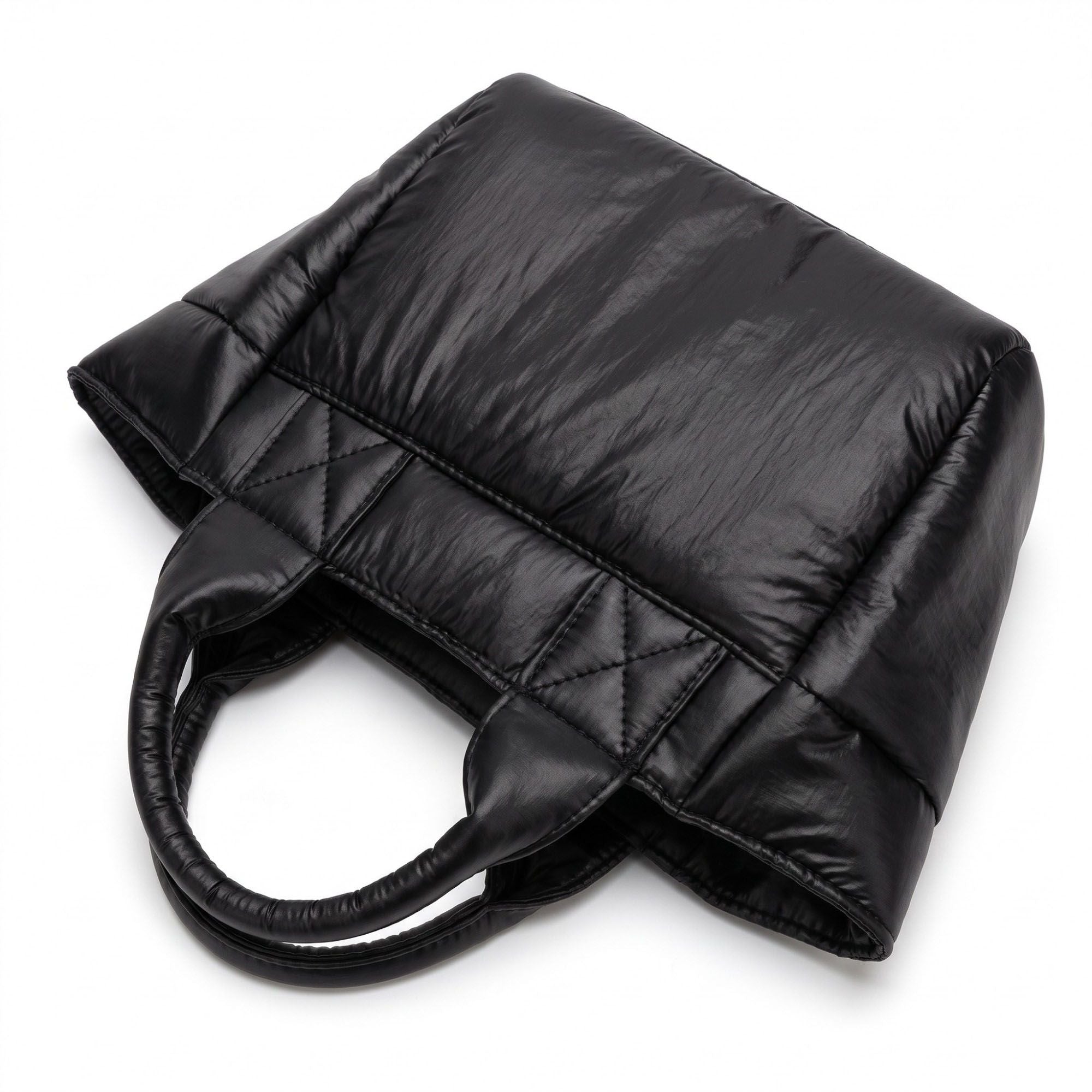 Padded Puffer Tote Bag with Rounded Top Handles and Exterior Front Pocket 13x6.5x4in