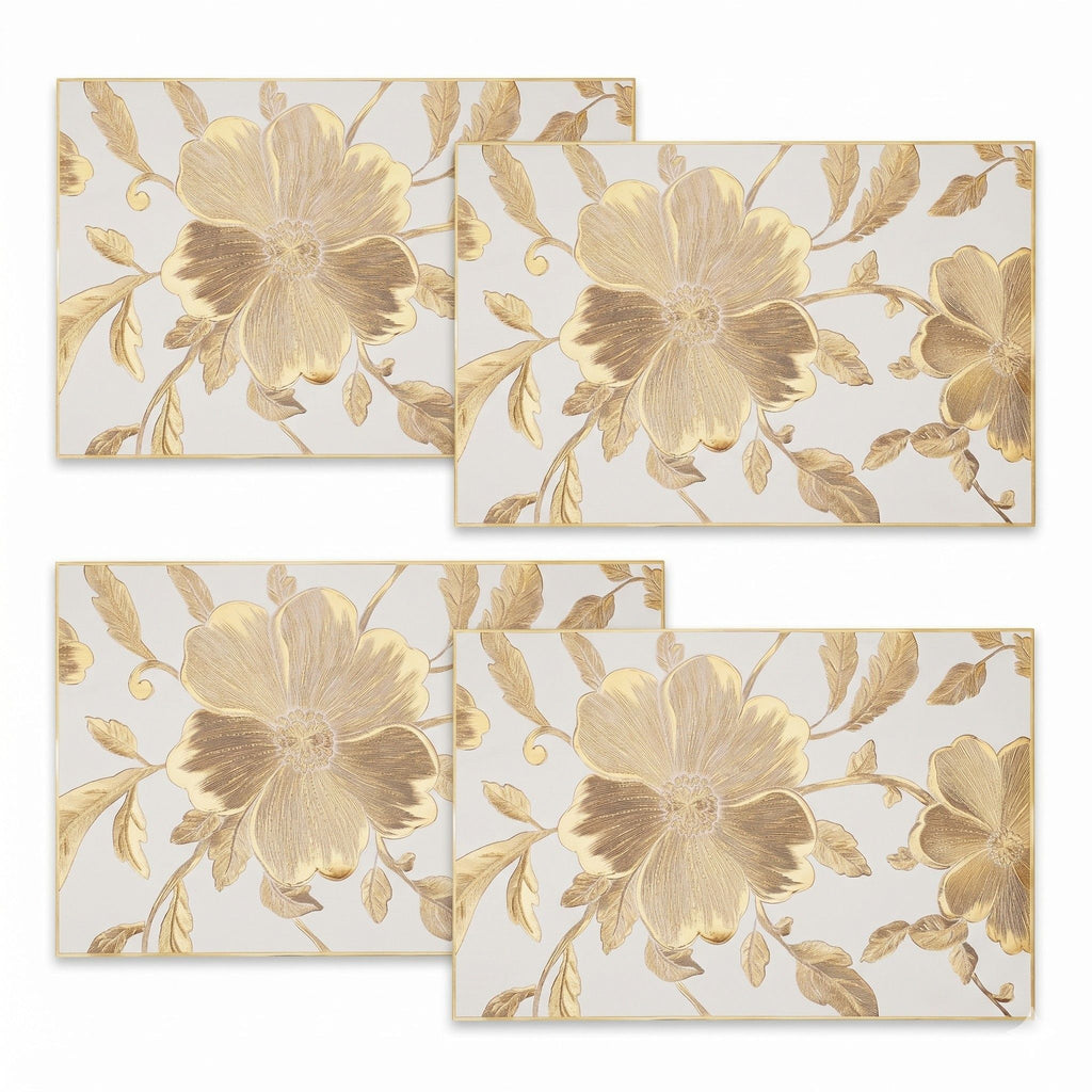 4 Piece Floral Placemat Set Metallic PVC Heat Resistant Table Mats for Dining Table