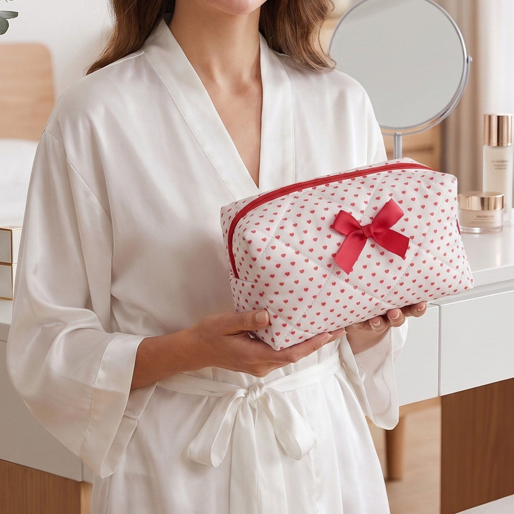 Womens Quilted Heart Print Makeup Bag with Bow Cosmetic Pouch