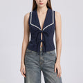 Tie-Front Sleeveless Vest Top V-Neck Lace Trim Tailored Blouse