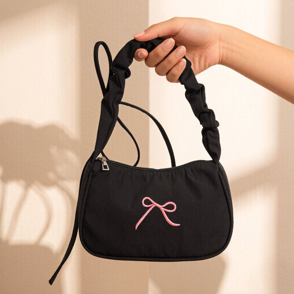 Small Bow Embroidered Shoulder Bag with Ruched Strap and Zip Closure