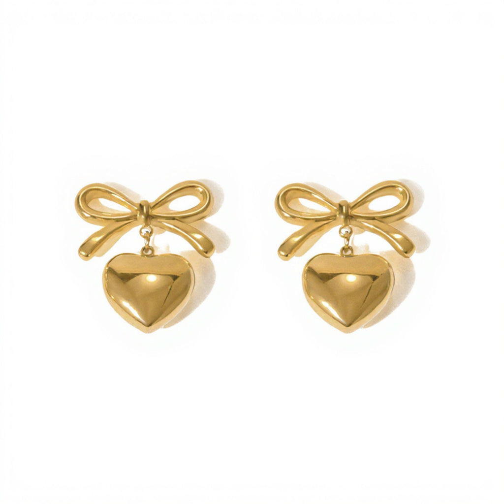 Women's Bow Stud Earrings with Metallic Heart Dangle Charm and Polished Modern Cute Design