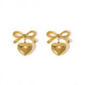 Women's Bow Stud Earrings with Metallic Heart Dangle Charm and Polished Modern Cute Design