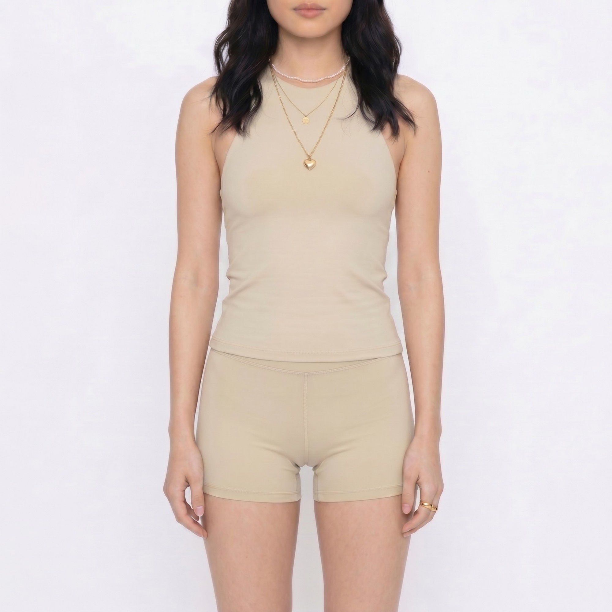 2-Piece Set Sleeveless High Neck Tank Top and Fitted Shorts Sleepwear Lounge Set with Soft Stretch Knit Feel
