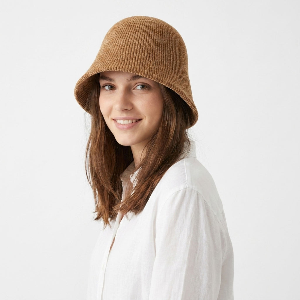 Textured Knit Cloche Bucket Hat Soft Brim Casual Hat