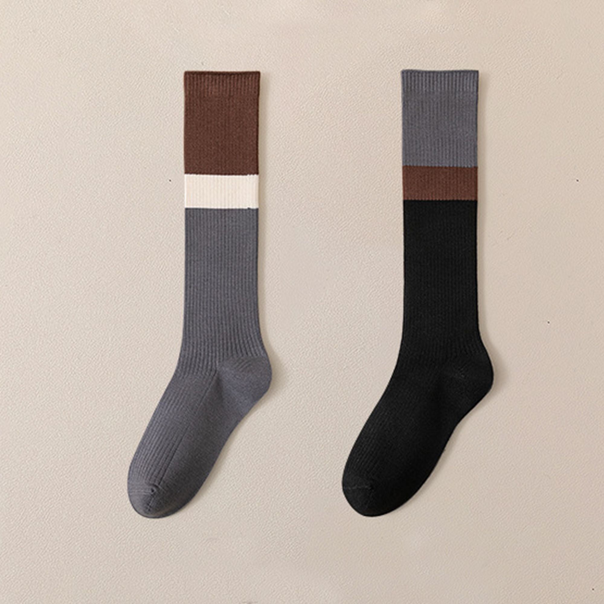 Anna-Kaci 2-Pair Colorblock Knee-High Ribbed Socks with Stretch Fit Design