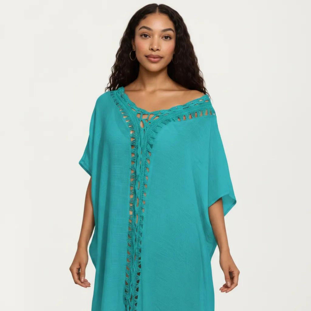 Anna-Kaci Women's Crochet Trim Swim Cover Up Dress Loose Short Sleeve Lightweight Beach Kaftan