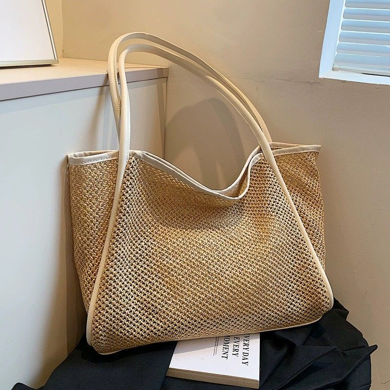 Woven Straw Tote Bag with Shoulder Straps Lightweight Crochet Knit Tote with Pouch