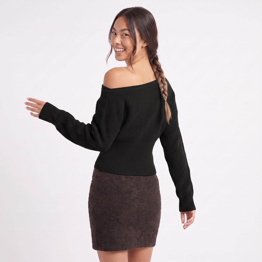 Off Shoulder Ribbed Waist Long Sleeve Knit Sweater