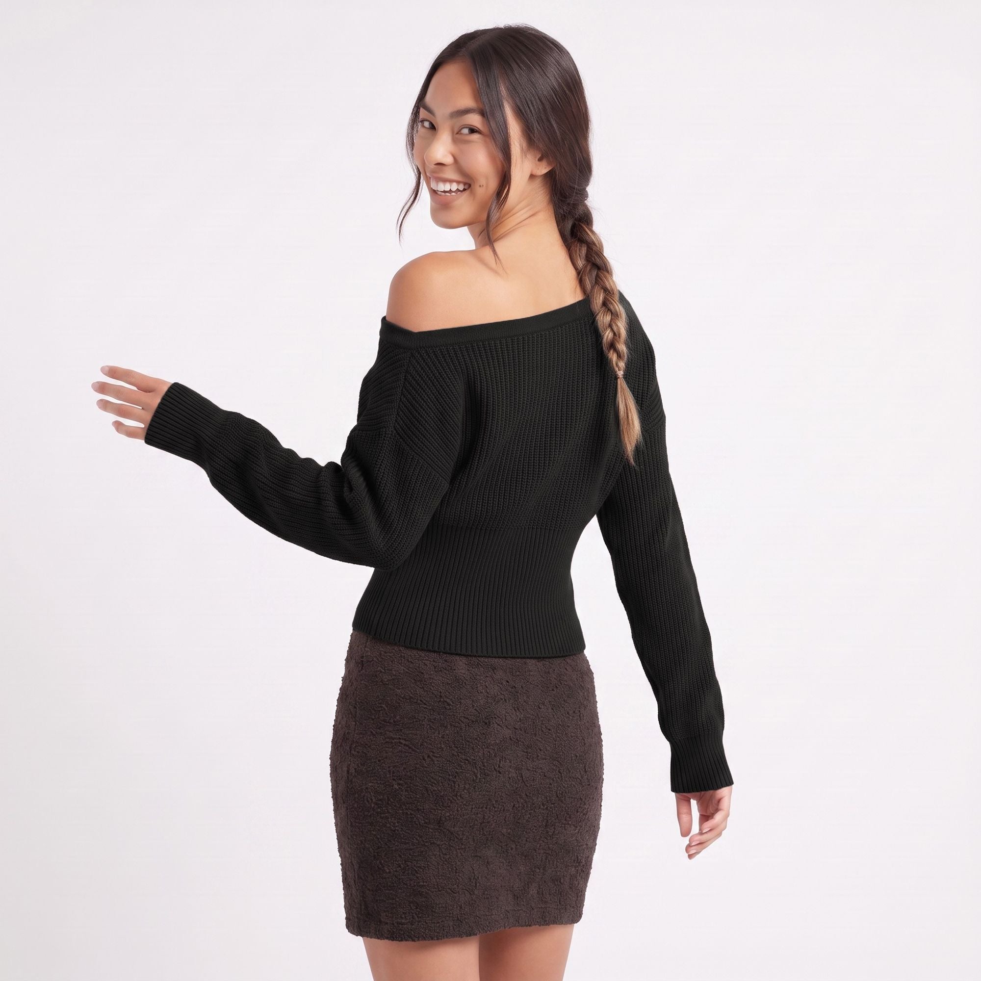 Off Shoulder Ribbed Waist Long Sleeve Knit Sweater