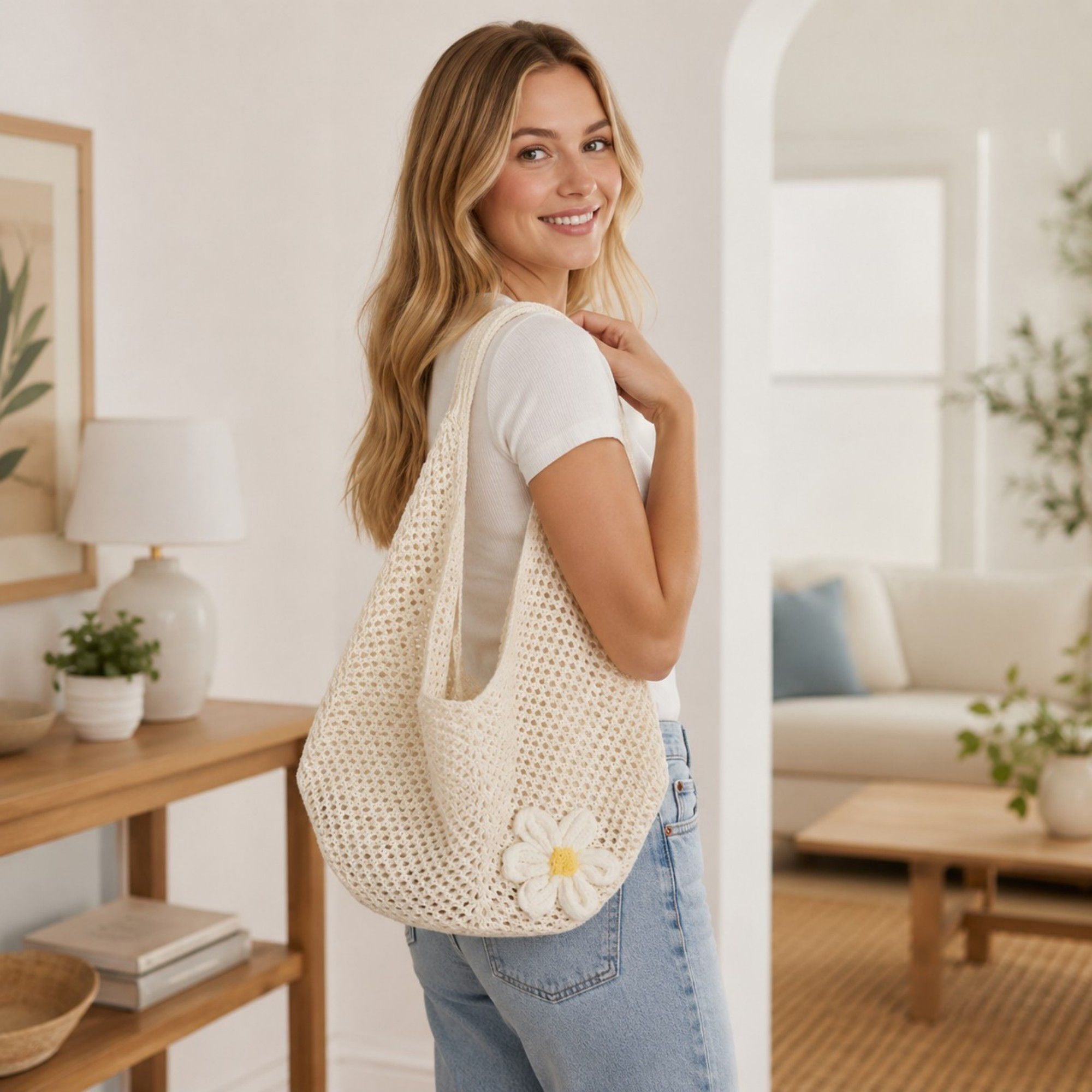 Flower Detail Woven Tote Bag for Women - Lightweight Summer Shoulder Bag for Vacation