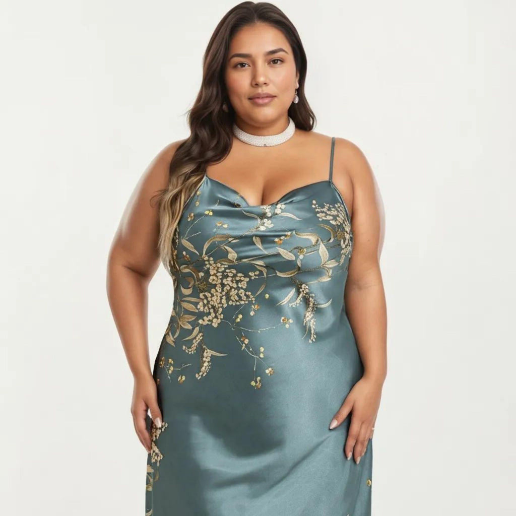 Anna-Kaci Lounge Women's Plus Size Satin Floral Slip Nightgown with Adjustable Spaghetti Straps Cowl Neck Midi Length Sleepwear Dress