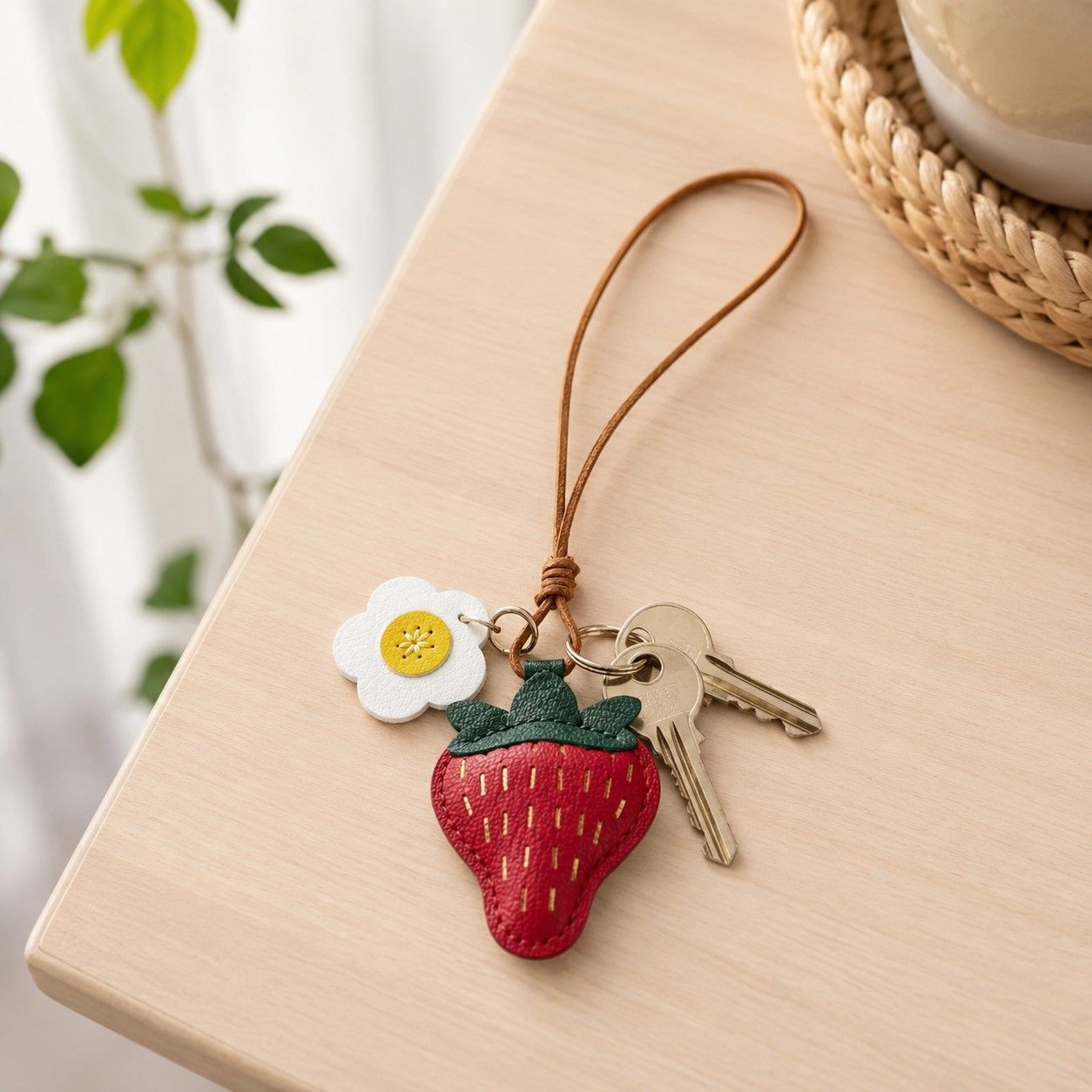 2-Pack Stitched Strawberry Bag Charm Keychains with Daisy Accents and Cord Loops
