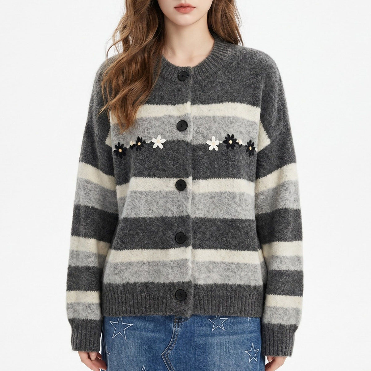 Floral Embroidered Striped Button Front Cardigan