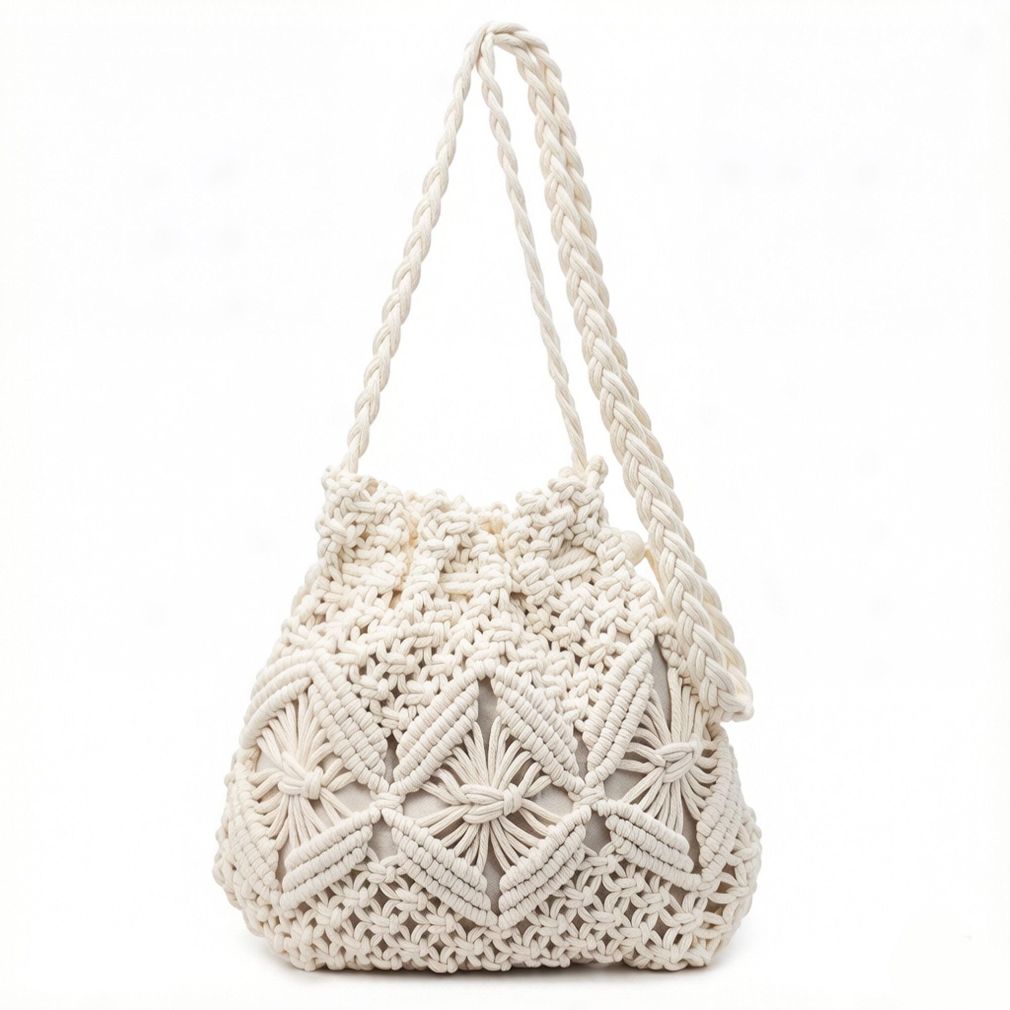 Macrame Bucket Bag Knotted Rope Handbag Drawstring Shoulder Bag Textured Woven Crossbody Style Lightweight Boho Purse