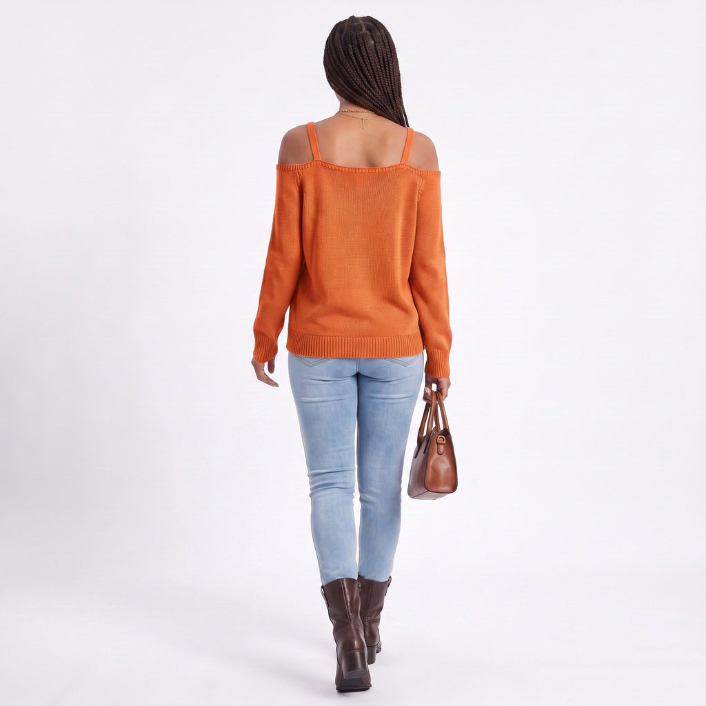Cold Shoulder Strap Argyle Textured Long Sleeve Knit Sweater