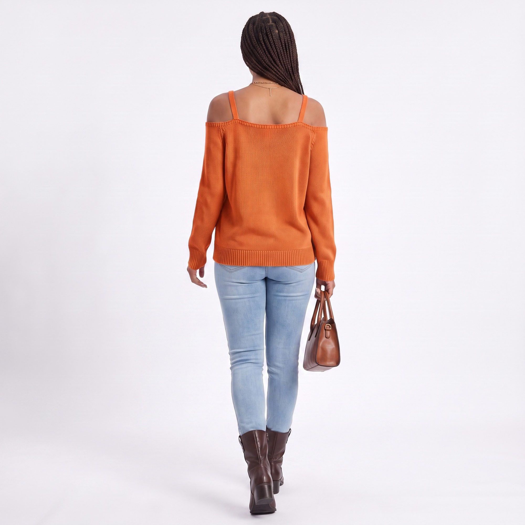 Cold Shoulder Strap Argyle Textured Long Sleeve Knit Sweater