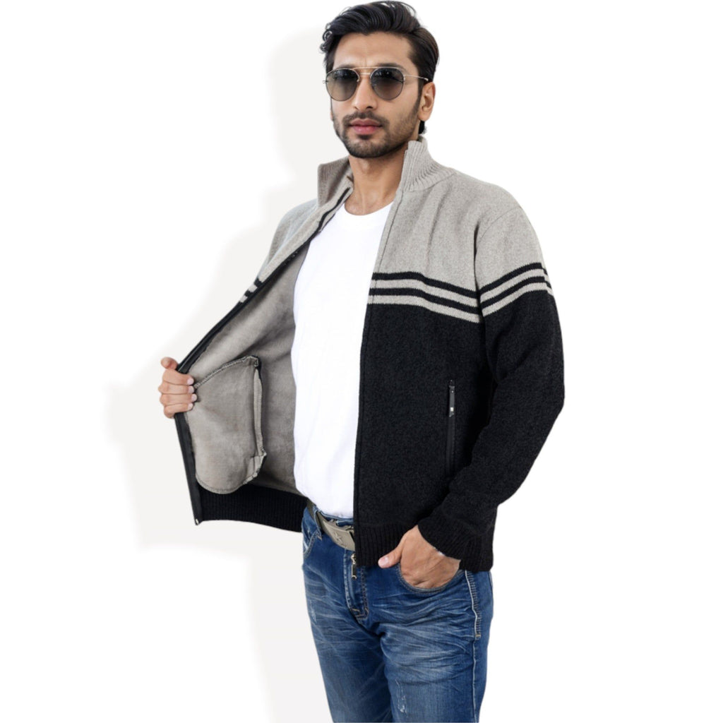 Anna-Kaci Men's Zip-Up Striped Fleece Jacket with High Collar and Front Pockets