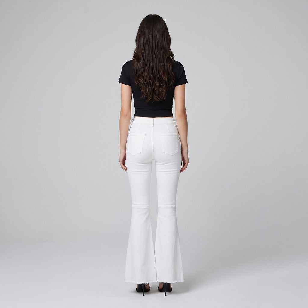 High Rise Flare Pants Button Front Stretch Wide Leg Hem Pants