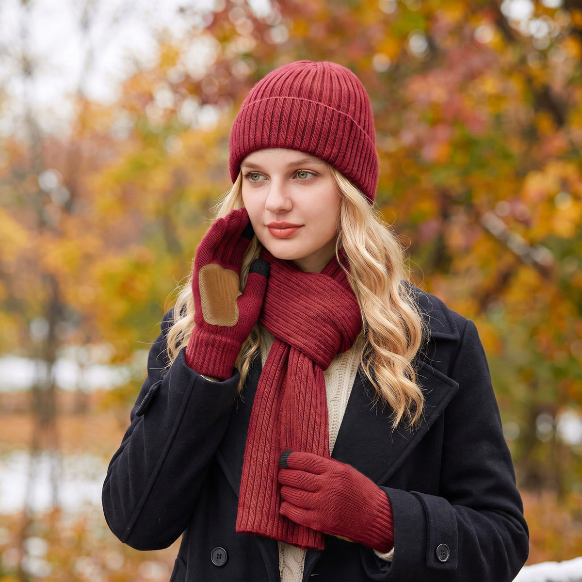 3 Piece Ribbed Knit Beanie Scarf and Touchscreen Gloves Set