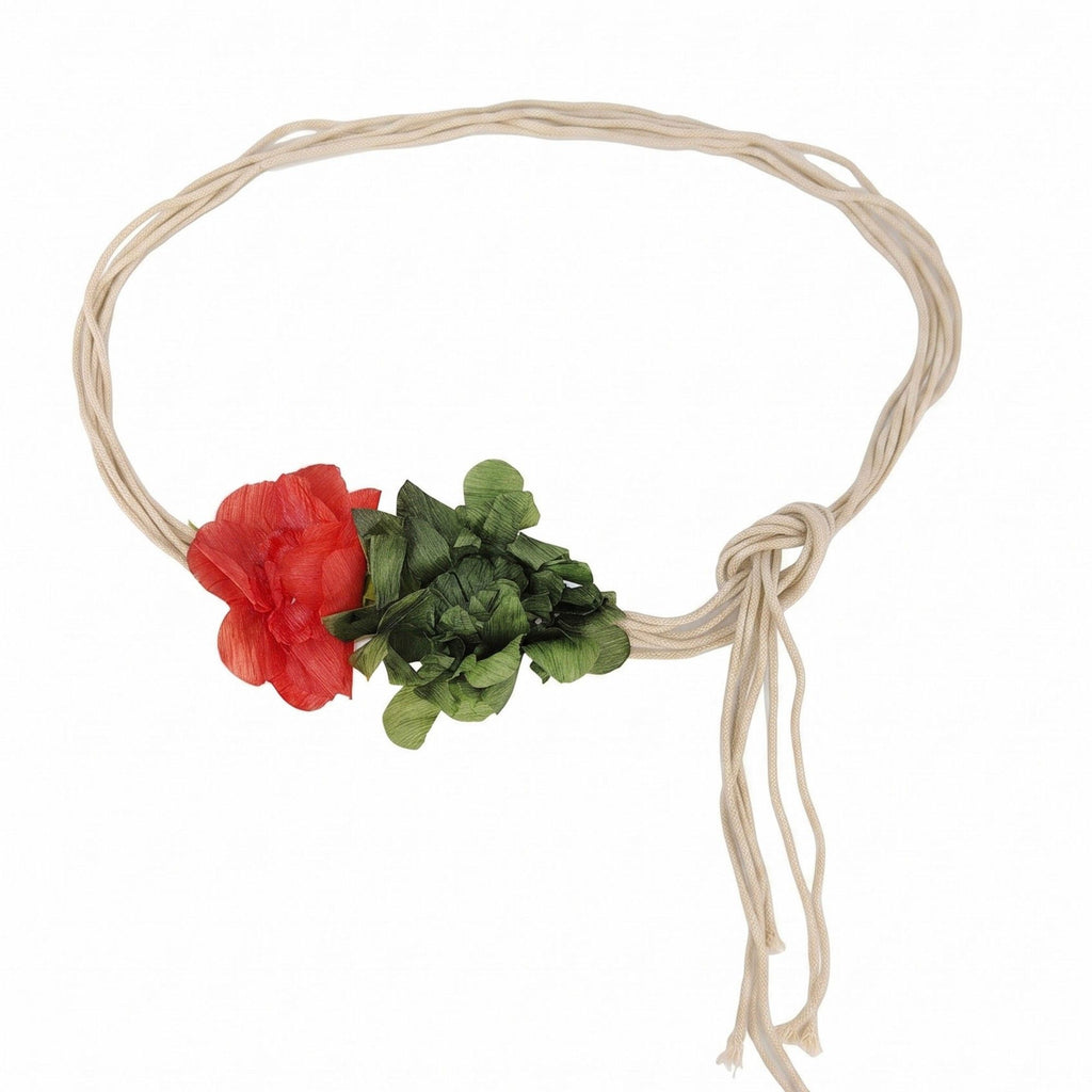 Dual Fabric Flower Braided Wrap Waist Belt Adjustable Floral Statement Waist Jewelry 43.3in
