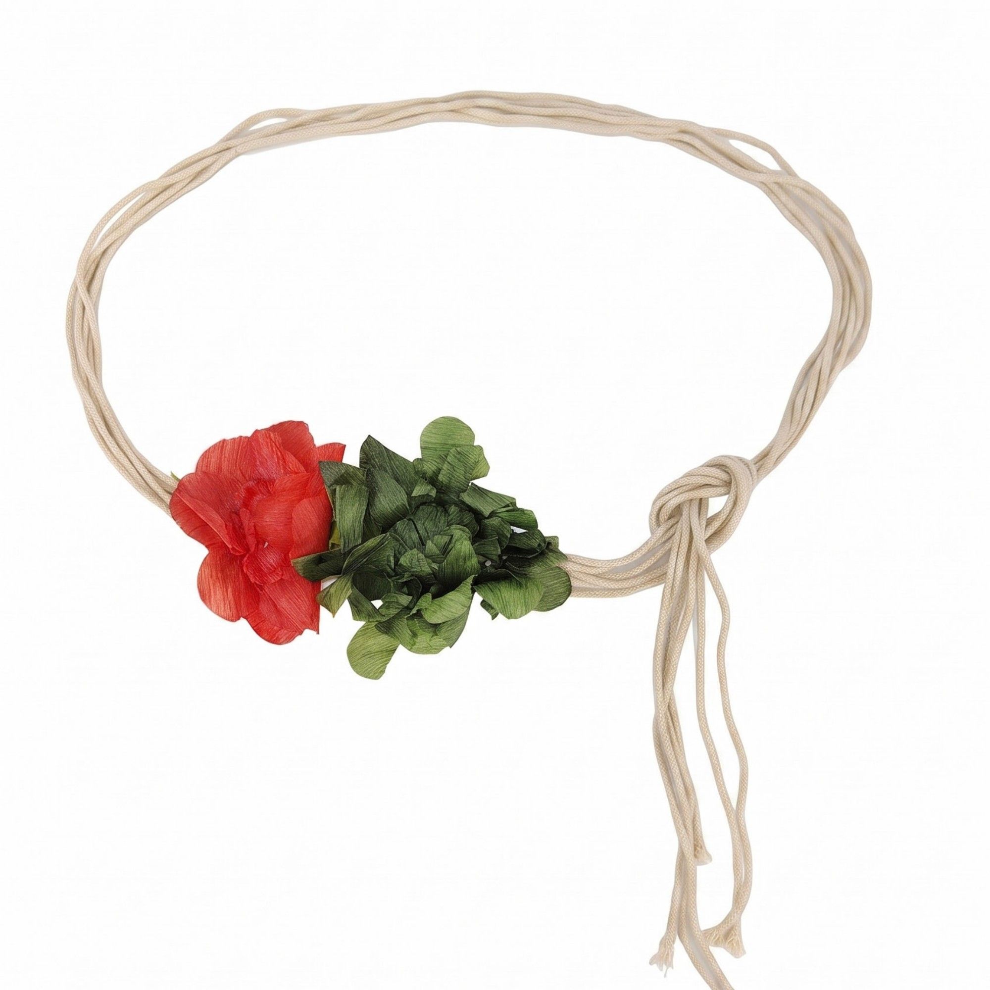 Dual Fabric Flower Braided Wrap Waist Belt Adjustable Floral Statement Waist Jewelry 43.3in