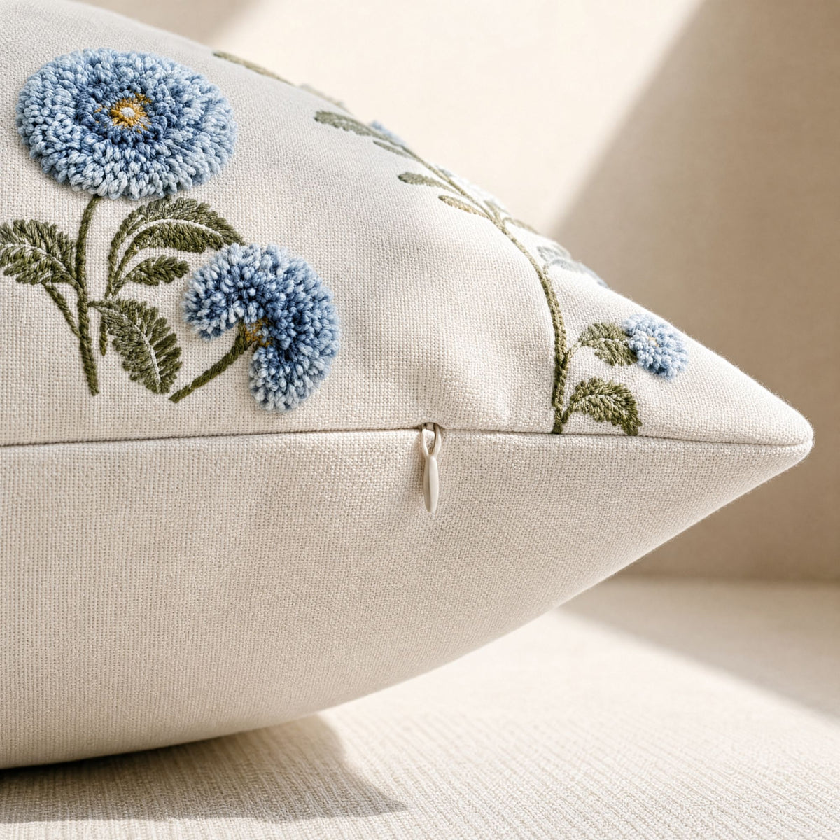 Square Floral Embroidered Throw Pillow Cover Textured Botanical Cushion