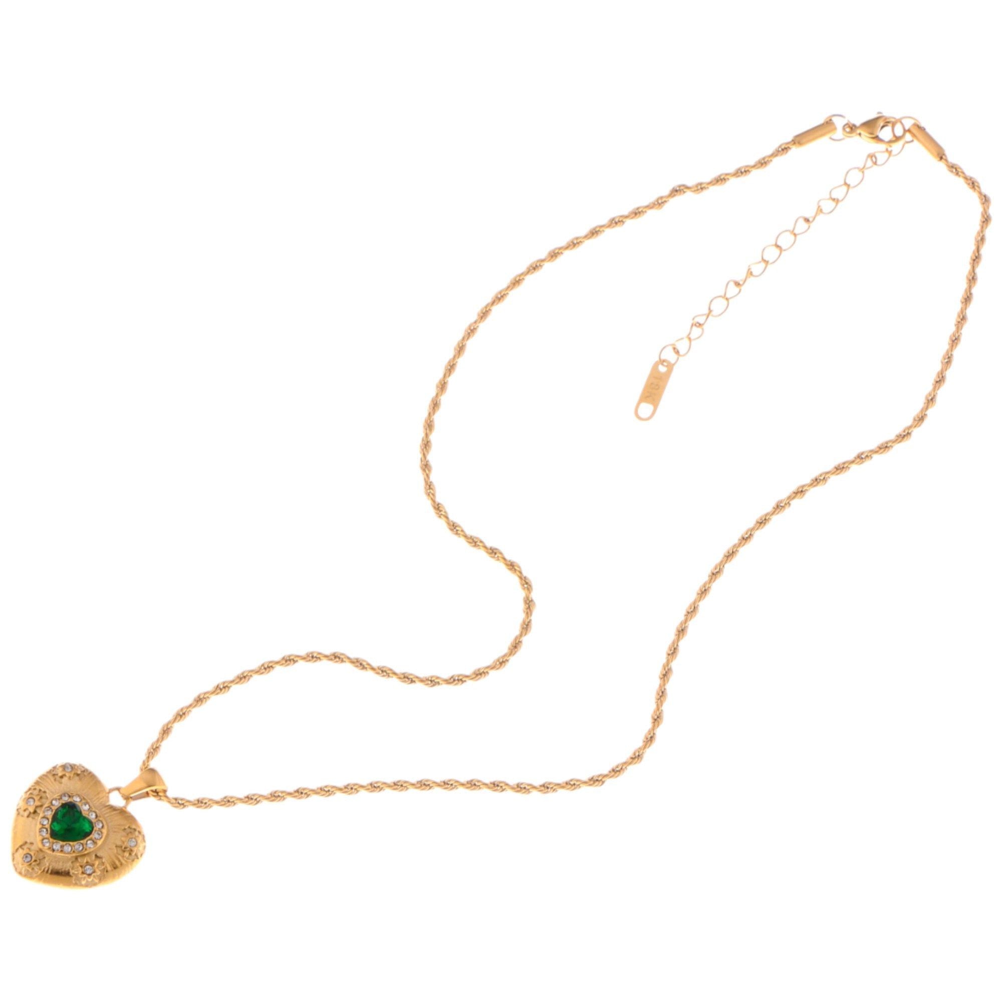 Gold Tone Heart Pendant Fashion Necklace with Green Gemstone and Crystal Accents