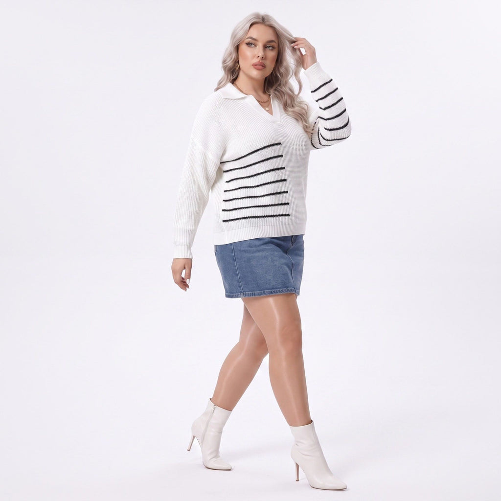 Plus Size Striped Johnny Collar Knit Sweater