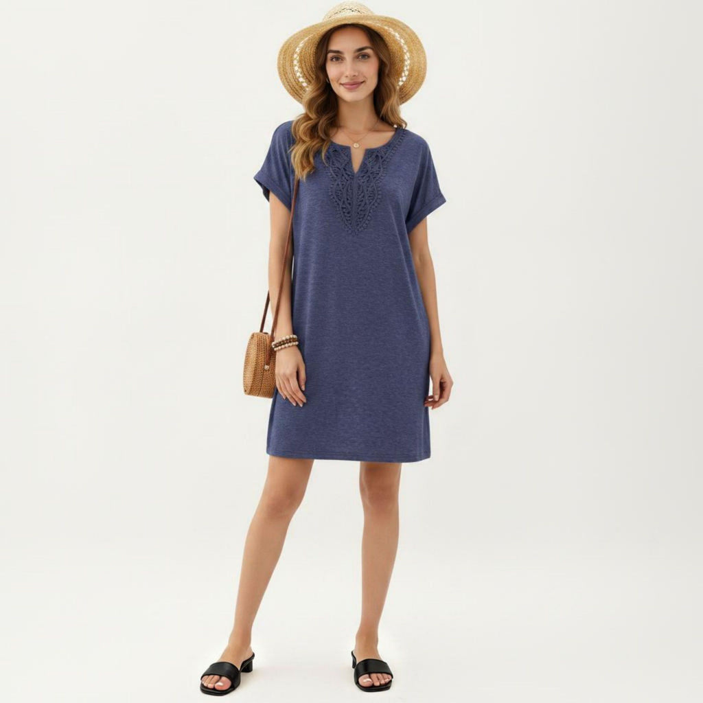 Anna-Kaci Women's Short Sleeve Shift Dress with Split V Neck Embroidered Detail Relaxed Fit Casual Tunic Dress
