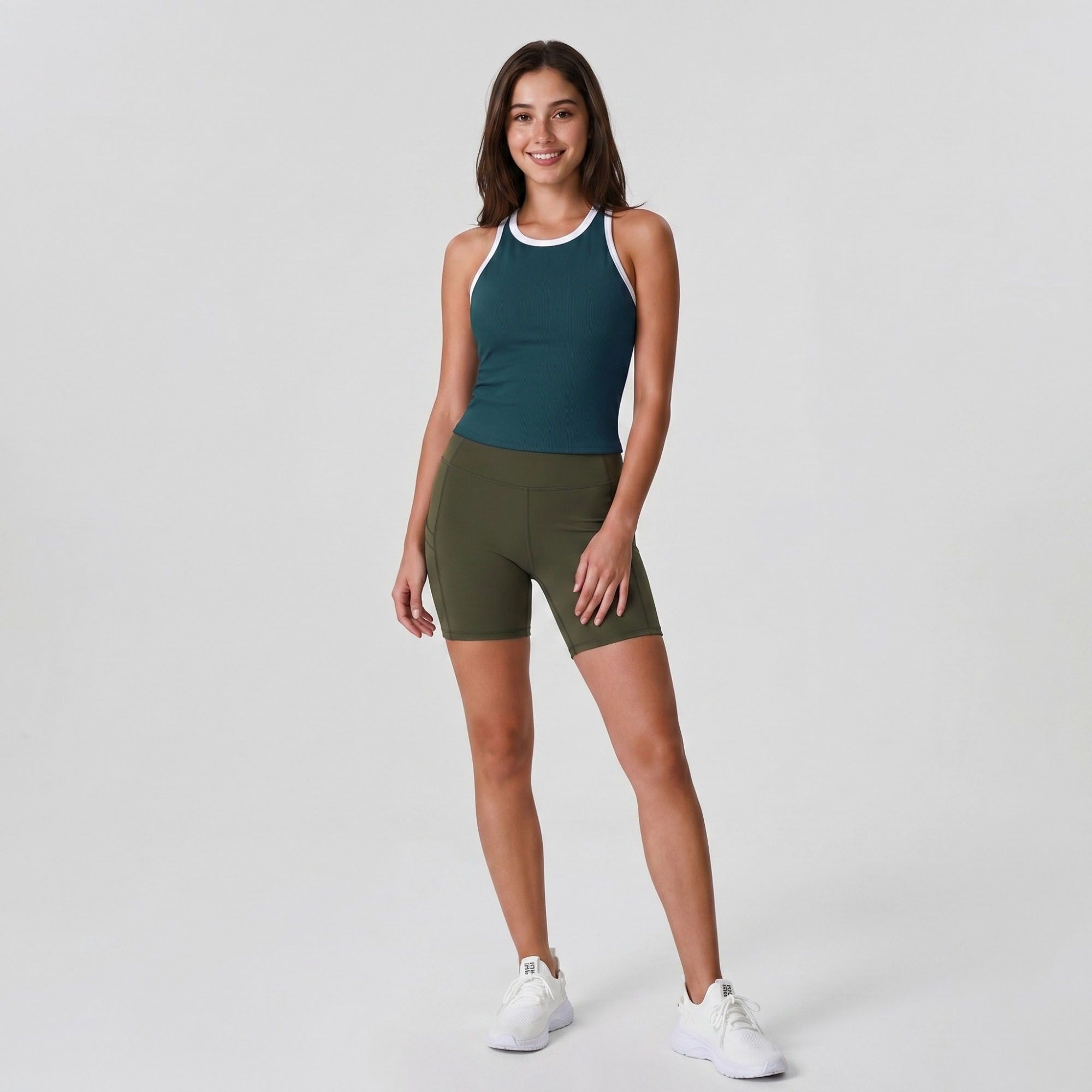 Padded Ribbed High Neck Sports Bra Tank Top Contrast Trim Workout Yoga Crop Top
