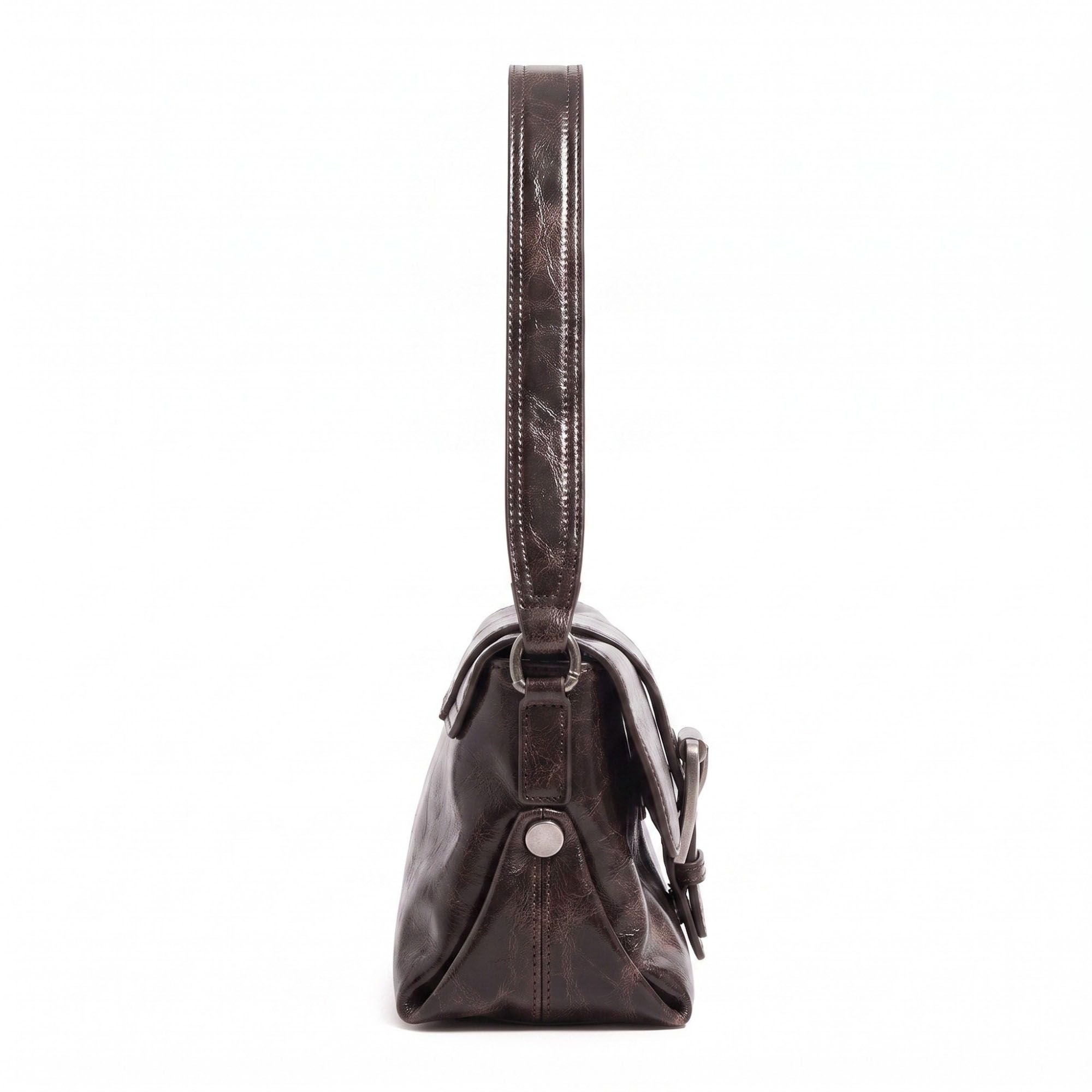 Distressed-Look Flap Shoulder Bag with Metal Clasp
