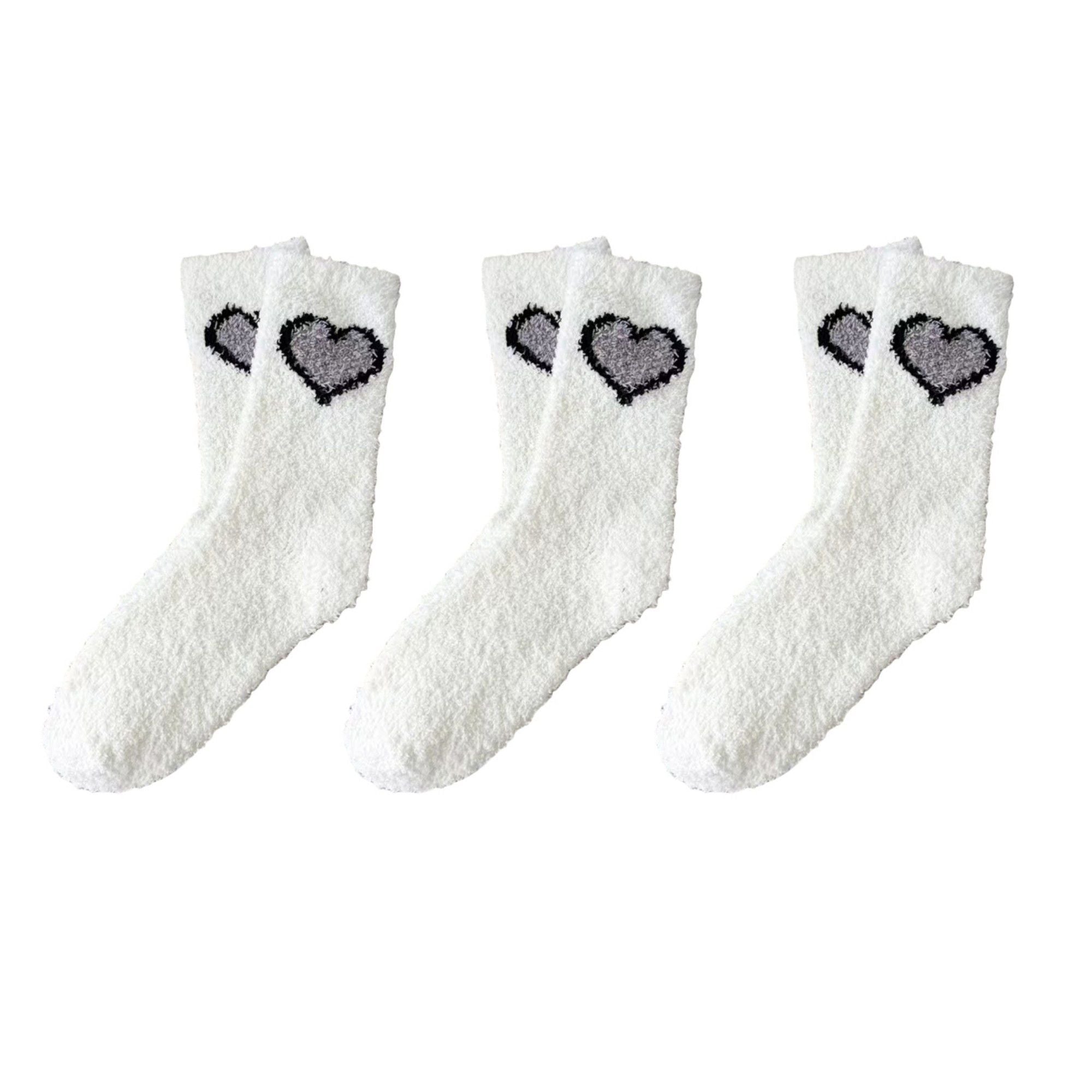 Anna-Kaci 3-Pair Fuzzy Valentine Heart Knit Crew Socks Set with Soft Plush Texture, Stretchy Cozy Fabric, and Cute Heart Accent for Gifting