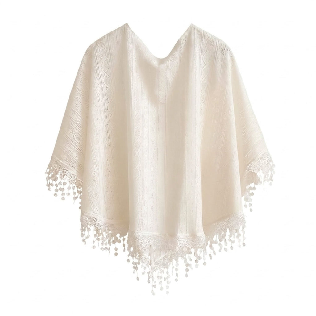 Lace Poncho Cover Up with Fringe Trim and Front Tie