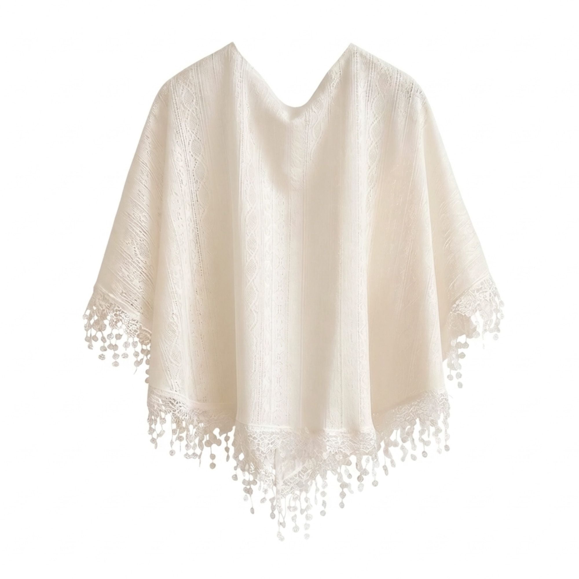 Lace Poncho Cover Up with Fringe Trim and Front Tie
