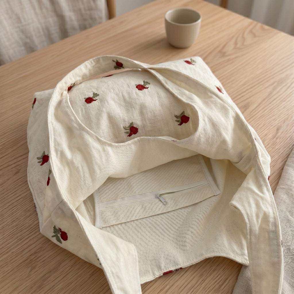 Ditsy Floral Embroidered Shoulder Tote Bag Soft Lightweight Slouchy Everyday Carryall85